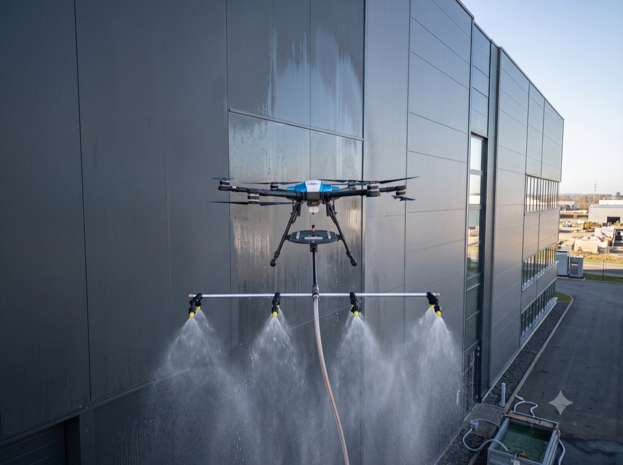Drone Exadrone nettoyant un bardage métallique sombre
