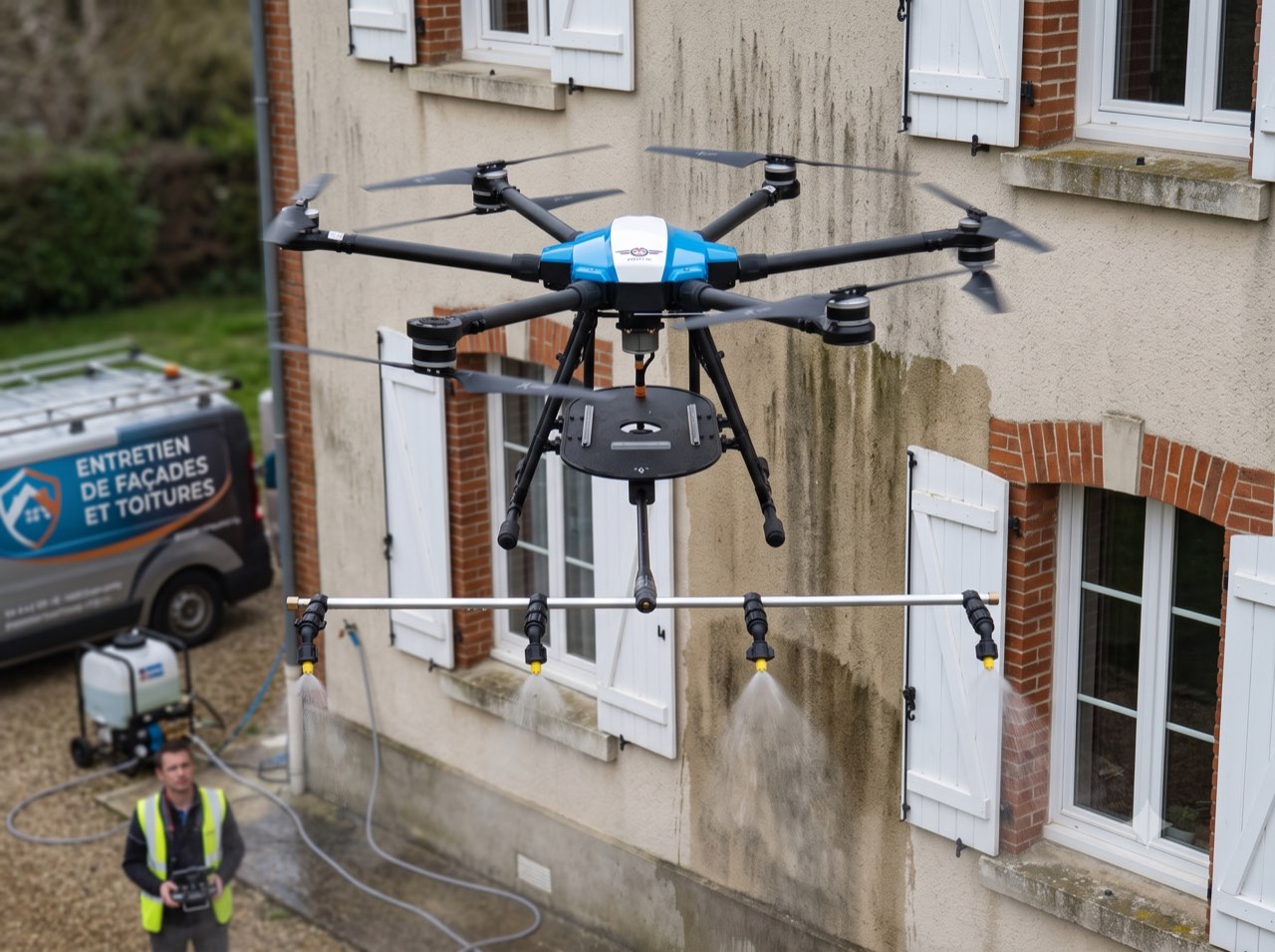 Drone Exadrone en train de nettoyer la façade en pierre d'une maison