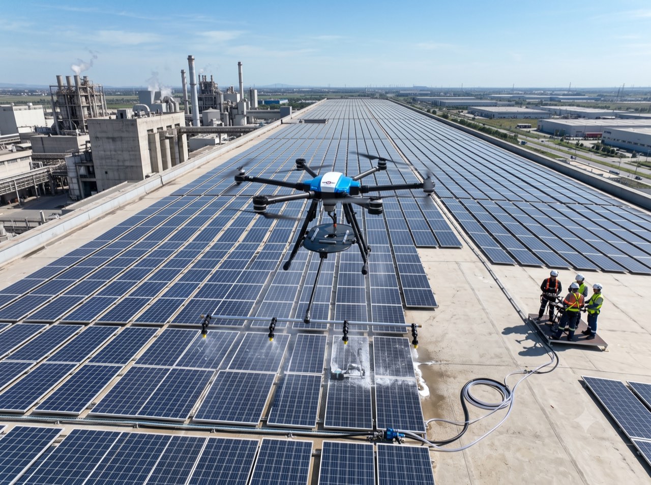 Drone Exadrone nettoyant une centrale de panneaux photovoltaïques