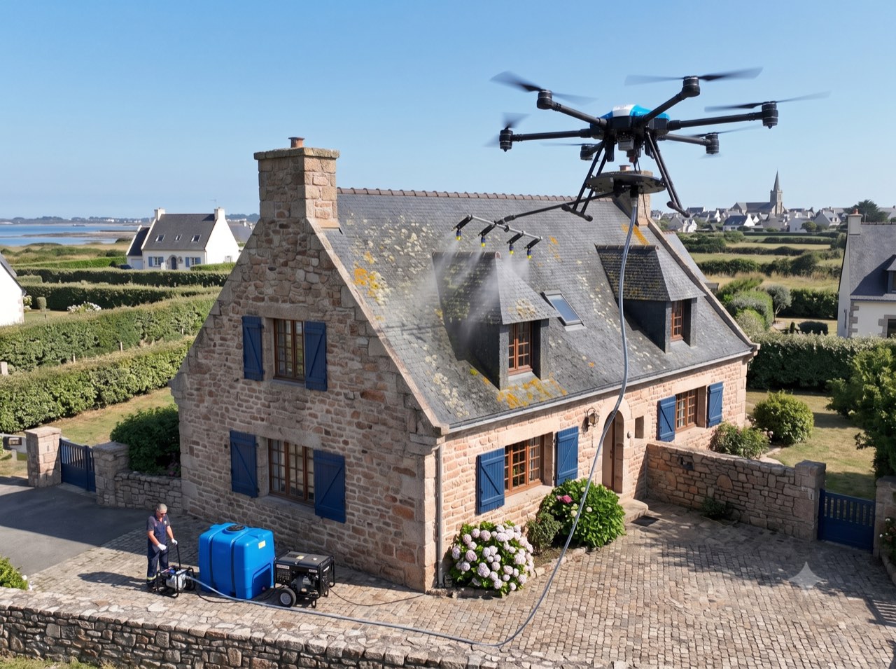 Drone Exadrone nettoyant une toiture en ardoise couverte de mousse