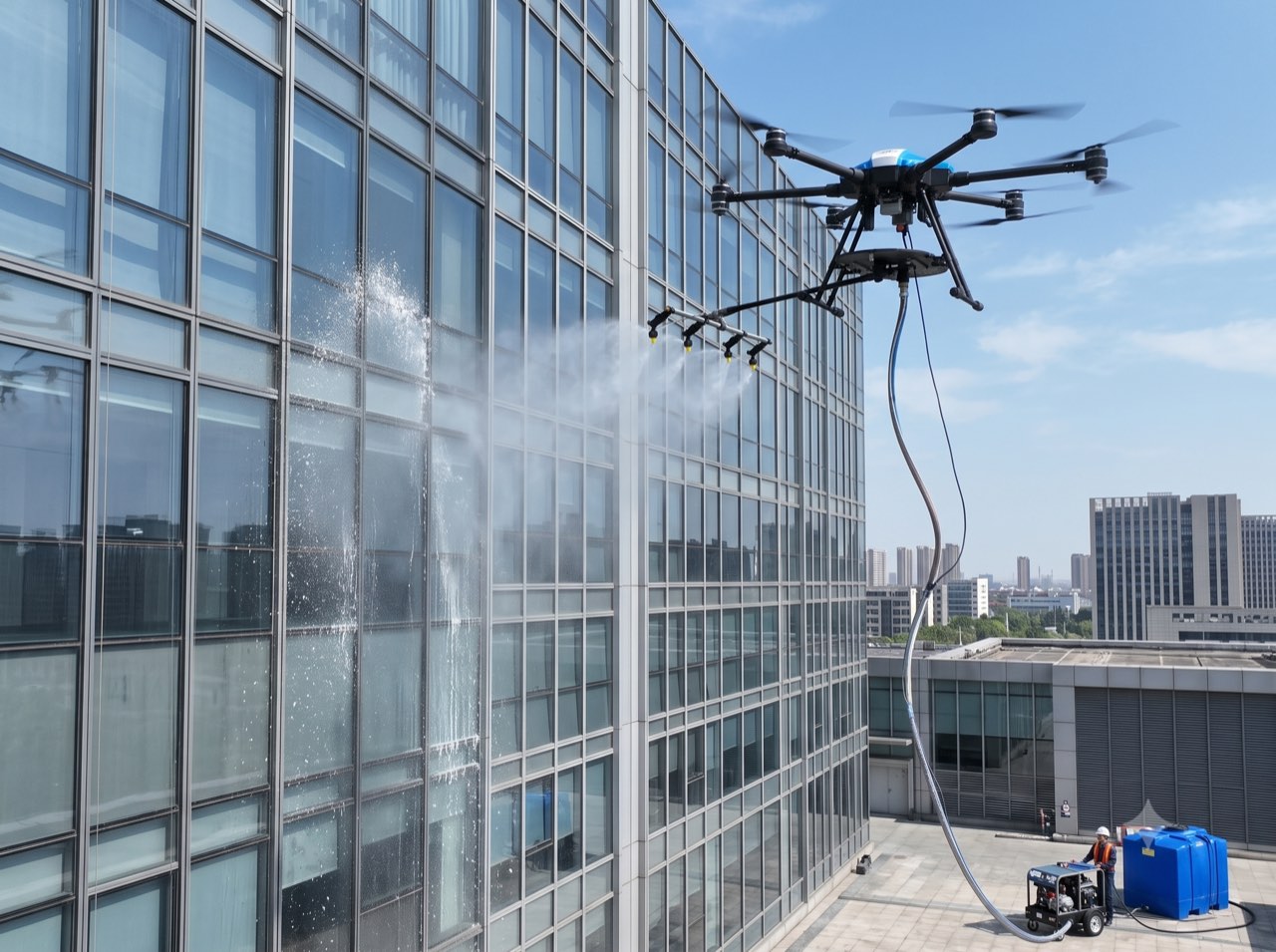 Drone Exadrone nettoyant la façade vitrée d'une tour de bureaux