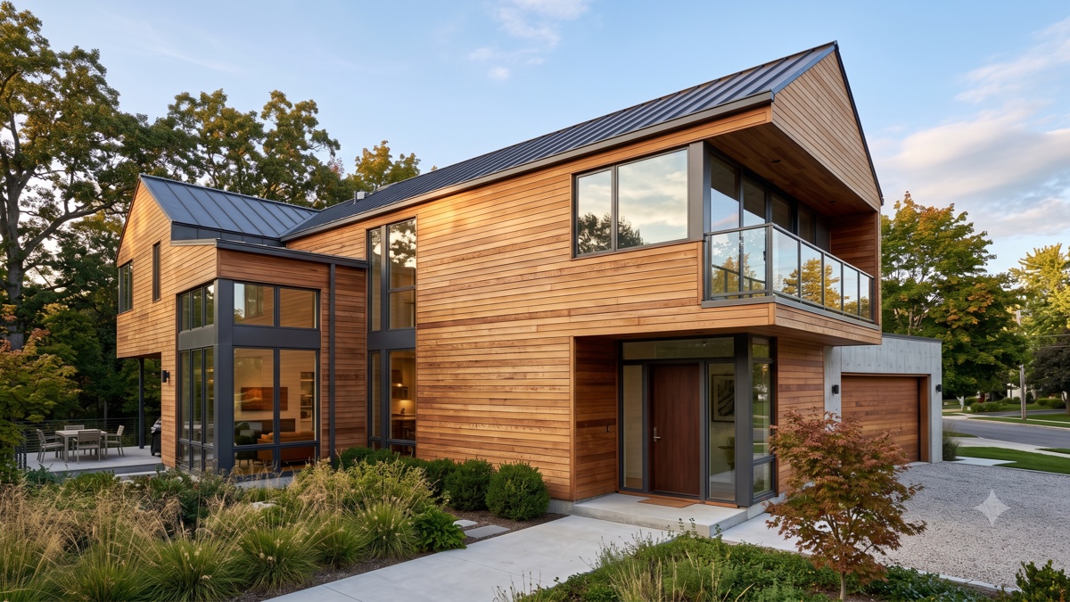 Maison contemporaine avec bardage bois, revêtement de façade entretenu par nettoyage aérien en drone