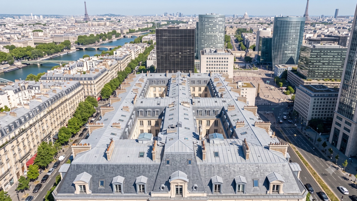 Vue aérienne d'un îlot urbain dense à Paris, avec la Défense et la tour Eiffel en arrière-plan, illustrant la cartographie aérienne par drone sur de grands projets BTP