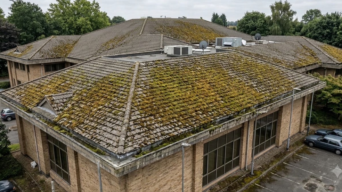 Façade d'un bâtiment public avant intervention, illustrant le diagnostic préalable à un appel d'offres de nettoyage par drone
