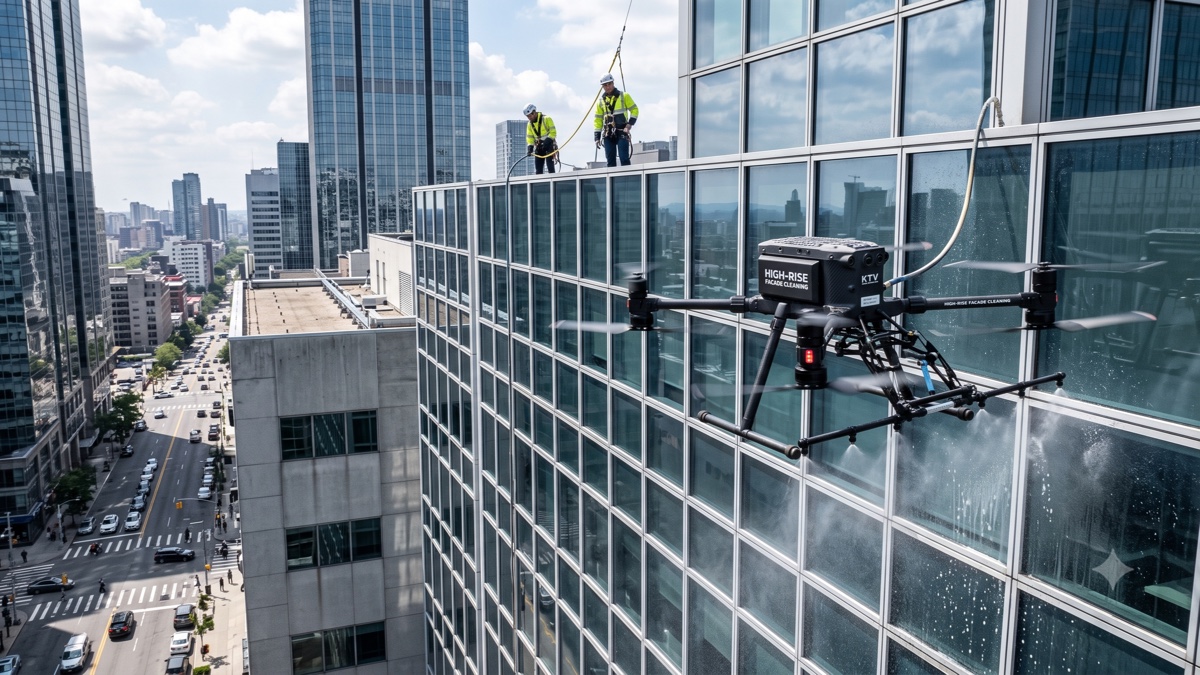 Drone de nettoyage de façade en intervention sur une tour vitrée, aux côtés de techniciens cordistes en hauteur