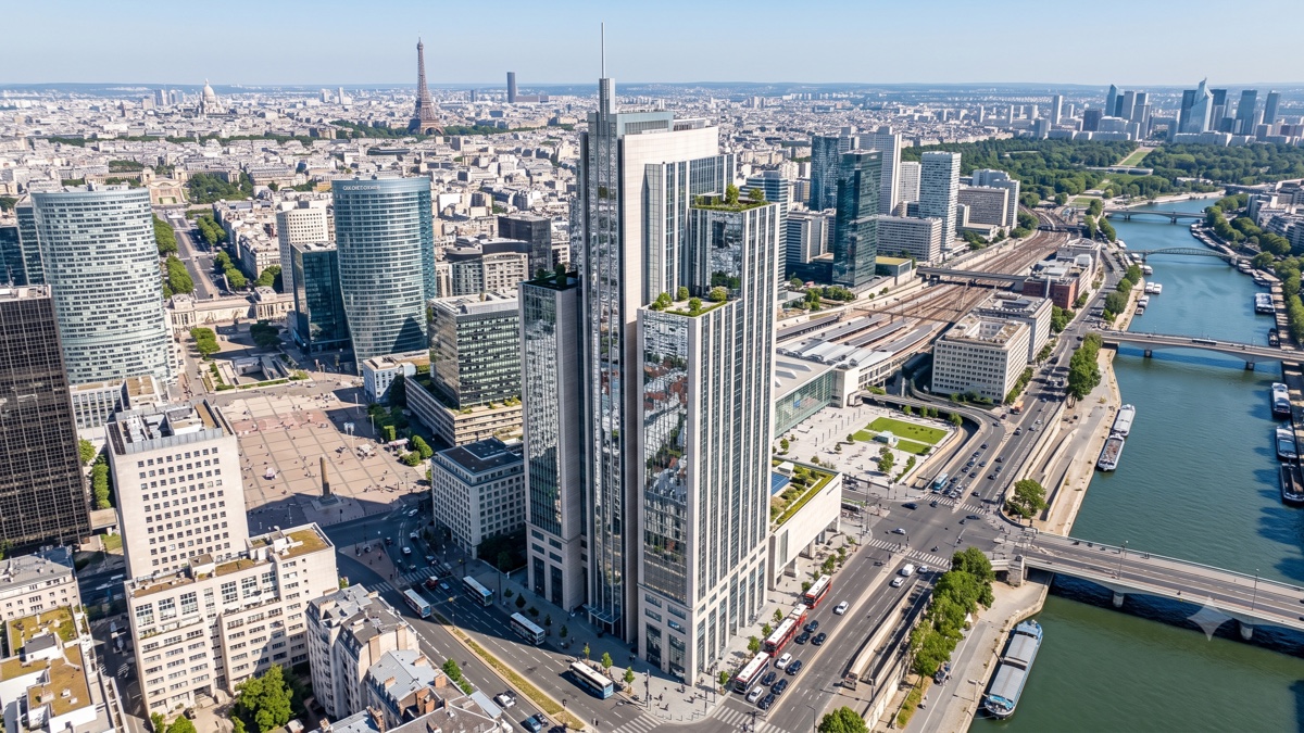 Vue aérienne d'un quartier d'affaires avec la tour Eiffel en arrière-plan, illustrant le périmètre d'intervention drone pour les collectivités