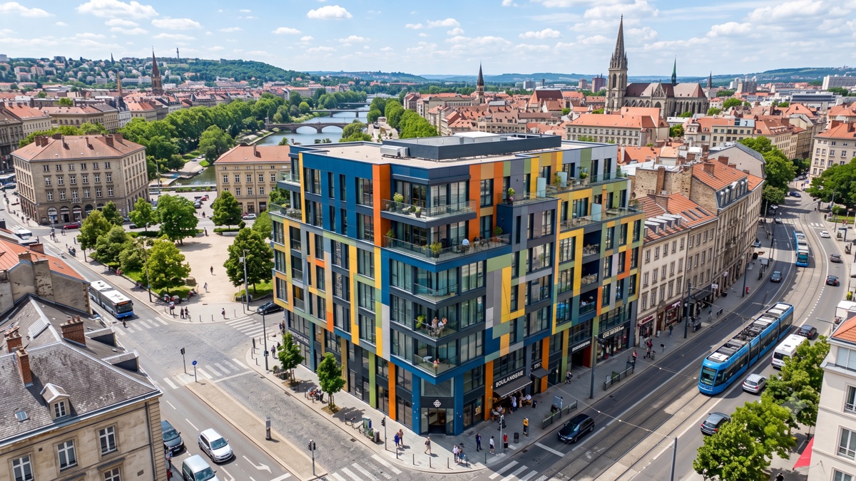 Immeuble résidentiel en cœur de ville avec façade design, type de bâtiment entretenu par nettoyage de façade en drone