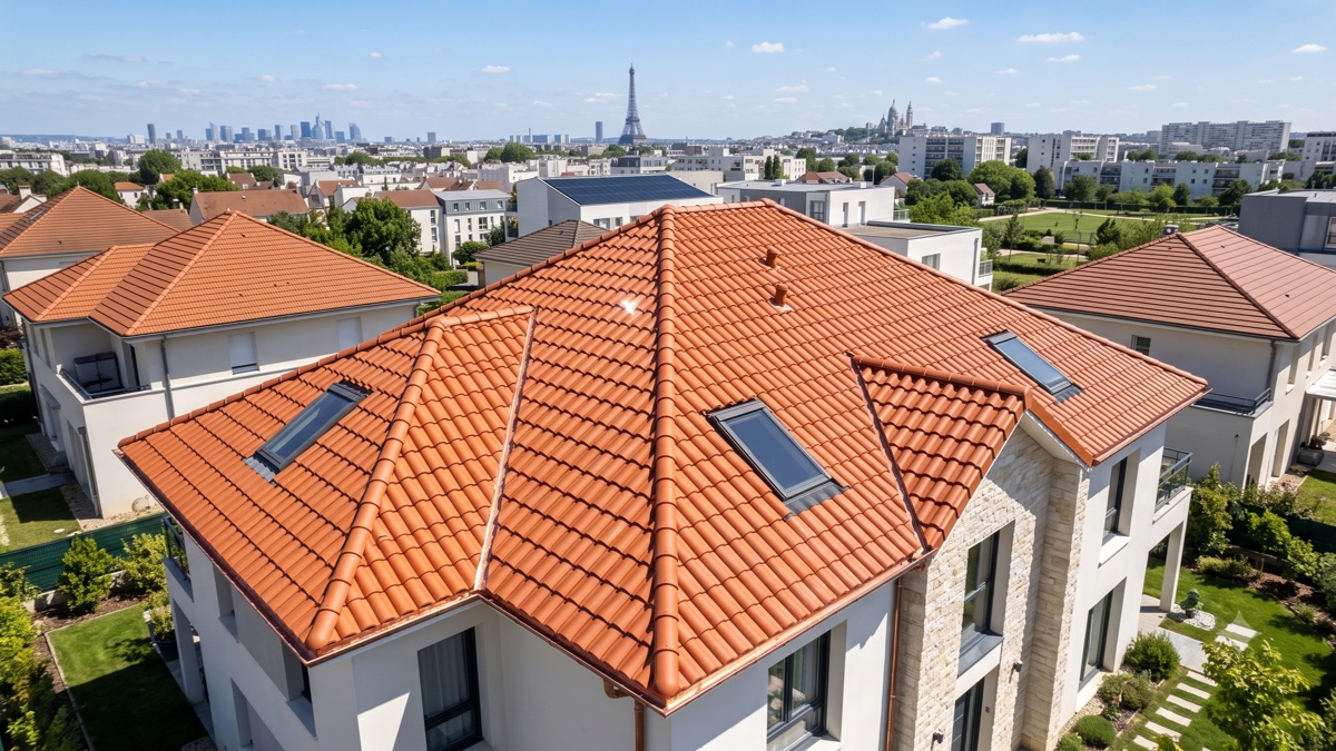 Vue aérienne d'une toiture en tuiles d'une maison individuelle, avec Paris et la tour Eiffel en arrière-plan