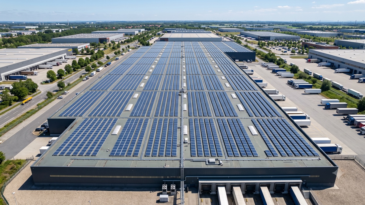 Vue aérienne d'une toiture industrielle entièrement équipée de panneaux photovoltaïques