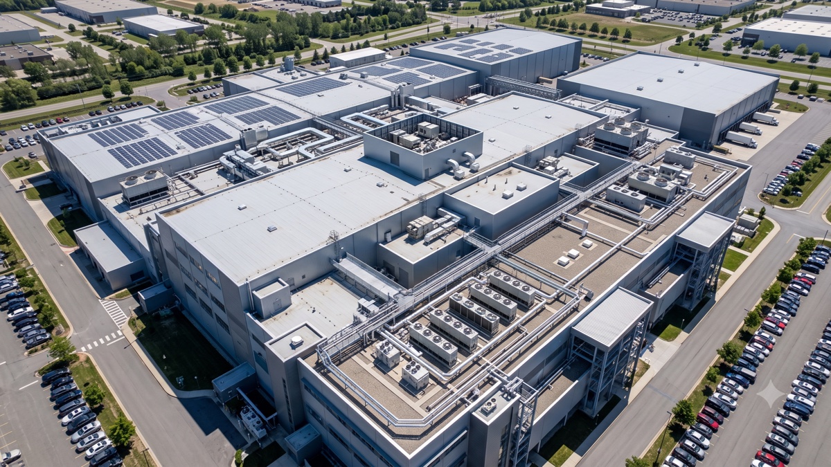Vue aérienne d'un site industriel et logistique, utilisé pour le suivi photogrammétrique de chantier par drone