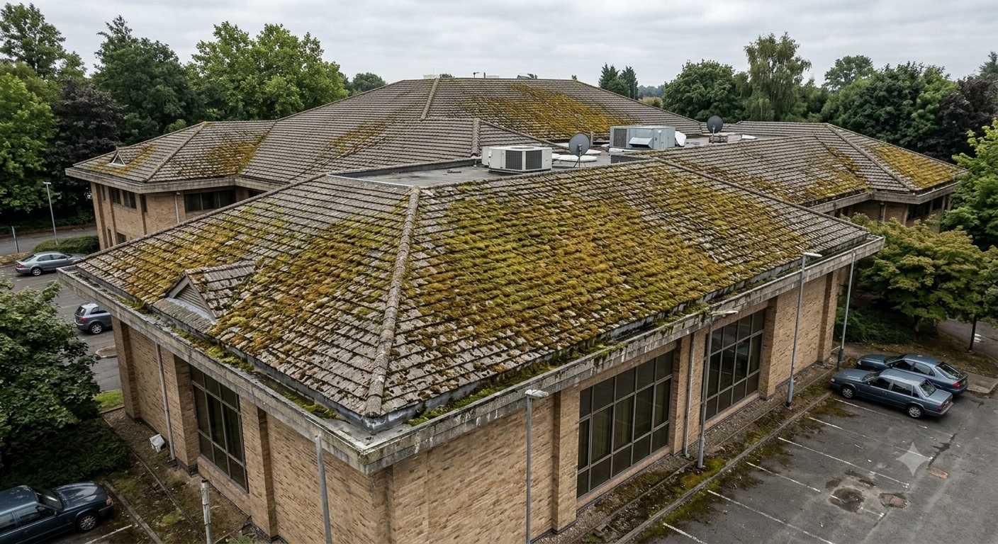 Toiture avant nettoyage — accumulation importante de mousses et lichens sur les tuiles